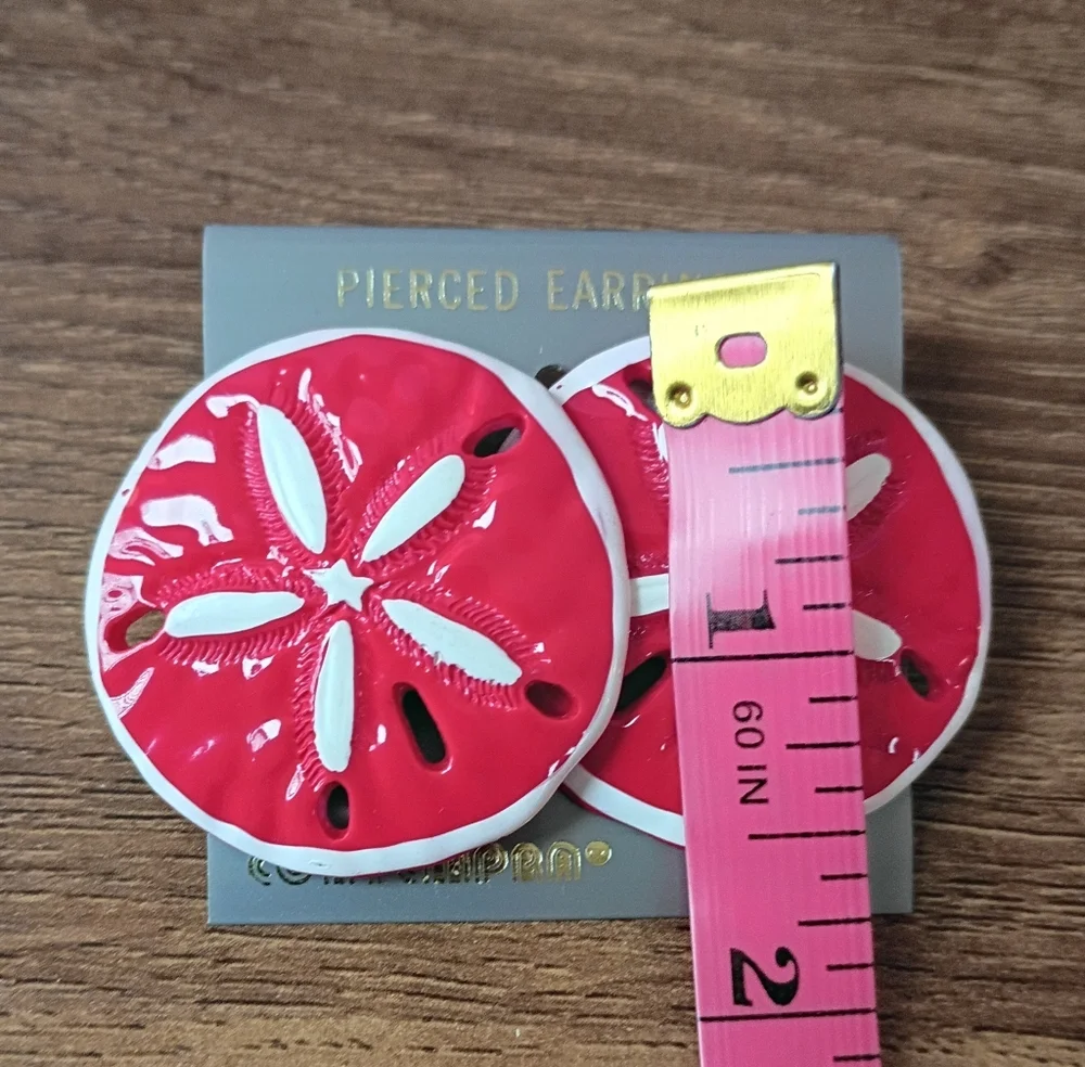 Bright Red Sand Dollar Round Drop Earrings Coastal Beach Summer Nautical - Picture 2 of 6